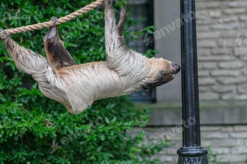 Preview: A Closeup Of A Two-Toed Sloth Hanging From A Rope Surrounded By Greenery In A Zoo