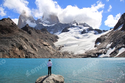 Preview: Girl, Blue Lake, Glacier And Mountains. El Chalten (Argentina'S Trekking Capital) - Patagonia