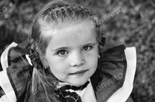 Preview: Sincere Child Looks Into The Camera. Happy Cute Girl, Small, Little Child, With Long, Braid Hair In