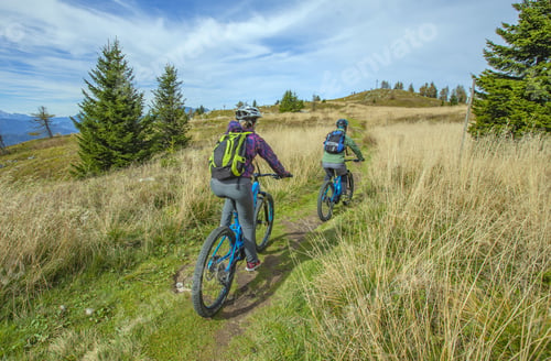 Preview: A Beautiful Shot Of Two Cyclists Passing Through A Grassy Field With Some Trees On A Windy Day