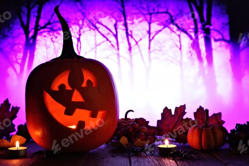Preview: Halloween Jack O Lantern. Night Scene With A Purple Spooky Forest Background.