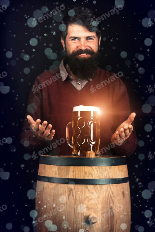 Preview: Retro Man With A Beer. Happy Brewer On Beer Barrel With Beer Glasses. Beer