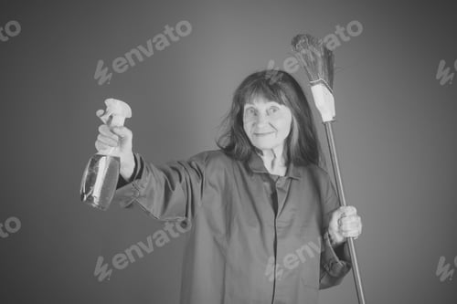 Preview: Cleaning And Purity. Old Lady Cleaner With Broom On Blue Background. Cleanup And Order Services
