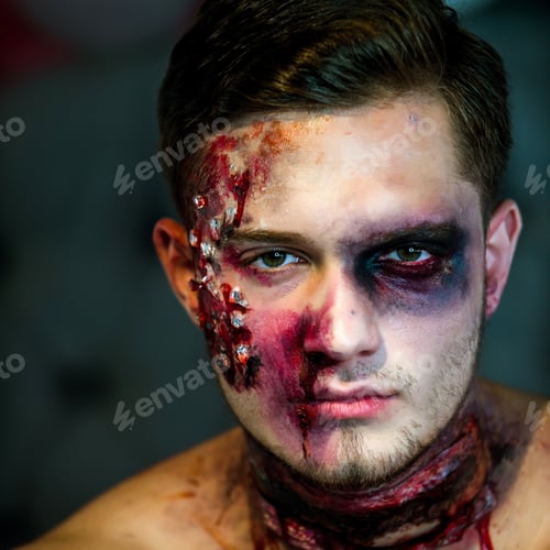 Preview: Big Zombie Man Halloween Vampire Or Bloody War Soldier With Wounds And Red Blood With Pumpkin. 31
