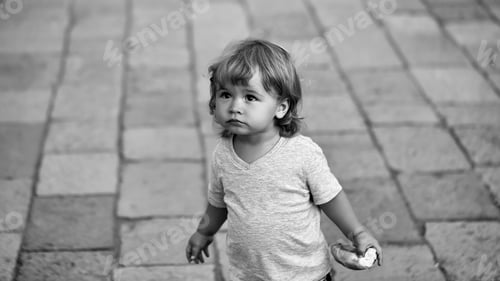 Preview: Lost Child. Photo Portrait Of Cute Fair-Haired Blond Hazel-Eyed Kid Little Child Baby Boy Wearing