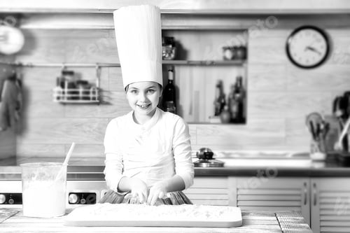 Preview: Small Girl Cooking With Flour In Chef Hat. Cooking, Food, Study