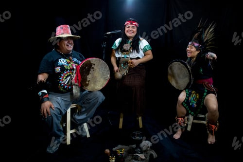 Preview: Group Of Shaman Teotihuacanos, Xicalanca - Toltec In Black Background, With Traditional Dress Dance