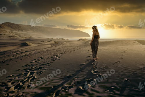 Preview: Woman Walking In The Sand On A Beautiful Beach At Sunset