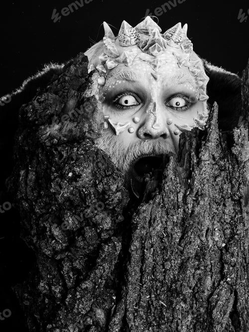 Preview: Spirit Of The Forest. Goblin Shouting With Horns On Head. Monster With Sharp Thorns And Warts