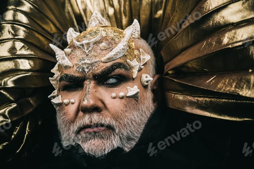 Preview: Enchanted Cyclope With Thorns And Warts On Face. Blind Sorcerer Over Golden Metallic Background
