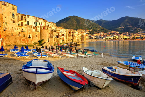 Preview: Beach And Picturesque Old Harbor At Sunset With Wooden Fishing Boats, Cefalu, Sicily, Italy