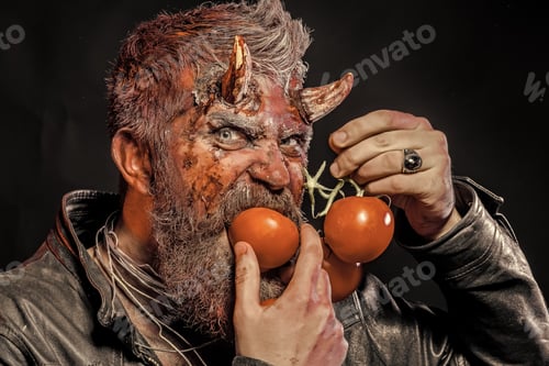 Preview: Halloween Man With Satan Horns Bite Tomatoes On Black Background. Harvest Festival, Holidays