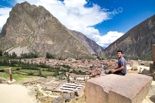 Preview: Man With Panoramic View. Hiking Scene In Vinicunca, Cusco Region, Peru. Montana Of Seven Colors