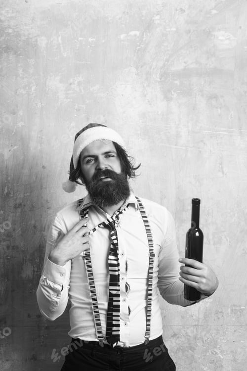 Preview: New Year Guy With In Hat. Christmas Man With Happy Face. Holiday And Celebration. Santa Claus Man
