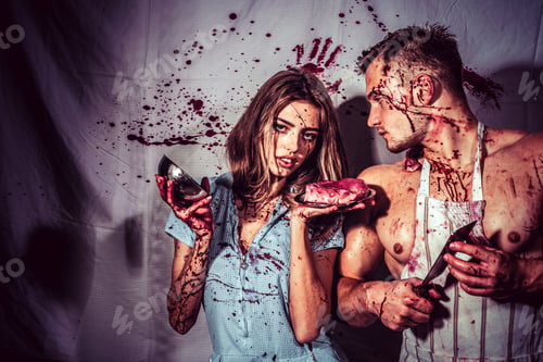 Preview: Couple In Blood. Human Internal Organ Trade. Cannibalism. Donation And Donar. Meatman In Butcher