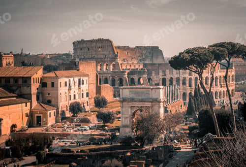 Preview: The Colosseum Amphitheater In Rome, Italy Under The Grey Sky