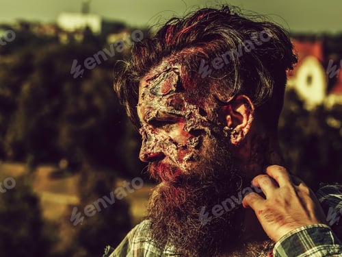 Preview: Bearded Zombie Man With Beard Halloween Vampire Or Bloody War Soldier With Wounds And Red Blood