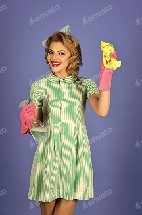 Preview: Advertising Of Detergents. Pinup Woman Hold Soup Bottle, Duster. Pinup Woman With Happy Face On