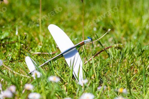 Preview: A Closeup Shot Of A Small Plane Toy On The Ground Covered In Greenery Under The Sunlight