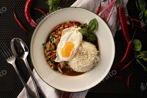 Preview: An Overhead Shot Of A Dish With Rice And Eggs In A White Plate Near Red Peppers