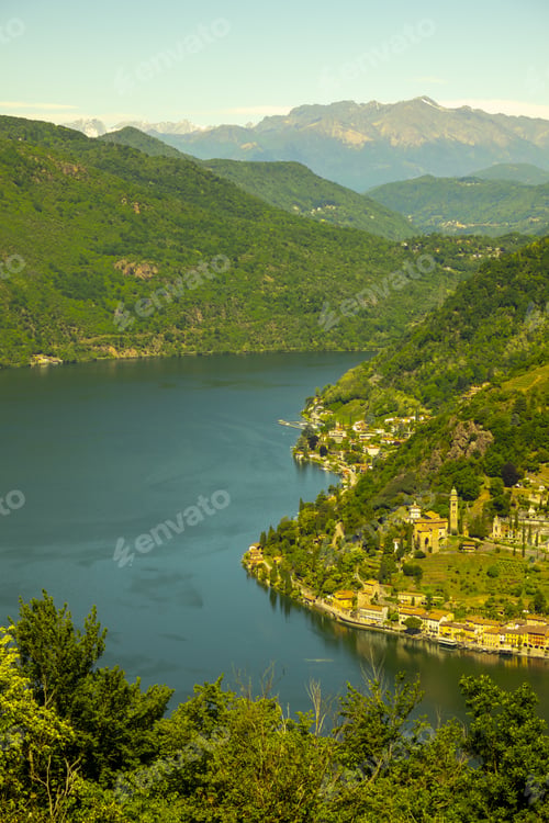 Preview: Aerial View Over Morcote With Alpine Lake Lugano And Mountain In A Sunny Day In Ticino, Switzerland.