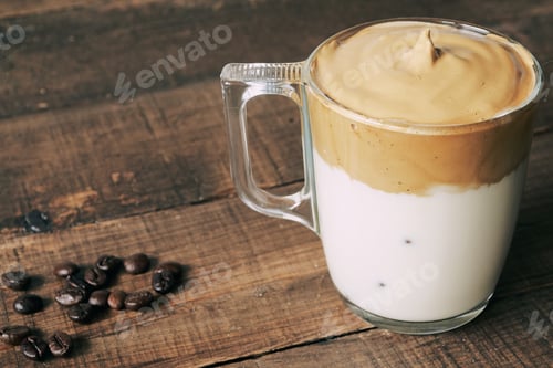 Preview: A Closeup Shot Of Iced Dalgona Coffee, Fluffy Creamy Whipped Coffee.