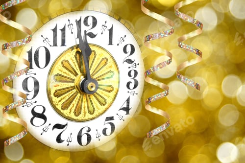 Visualização: Festa de Ano Novo - Relógio com flâmulas e luz de fundo abstrata