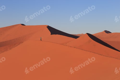 Preview: Sand Dunes In The Desert , Warm Dry Sand Under Blue Sky. Lonely Man At Dune In The Desert.