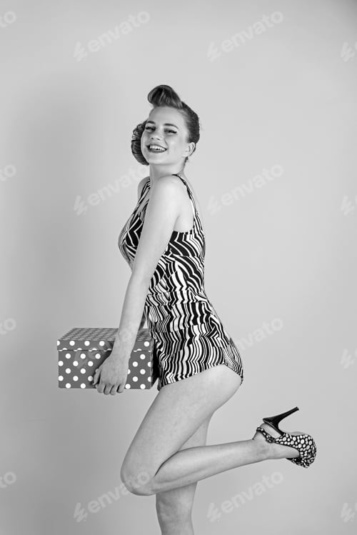 Preview: Boxing Day And Christmas. Xmas Party And Winter Holiday. Christmas Woman With Red Lips, Black