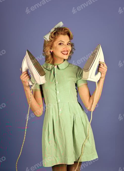 Preview: Housekeeper Woman Ironing On Blue Background Housekeeper In Uniform With Iron, Household.