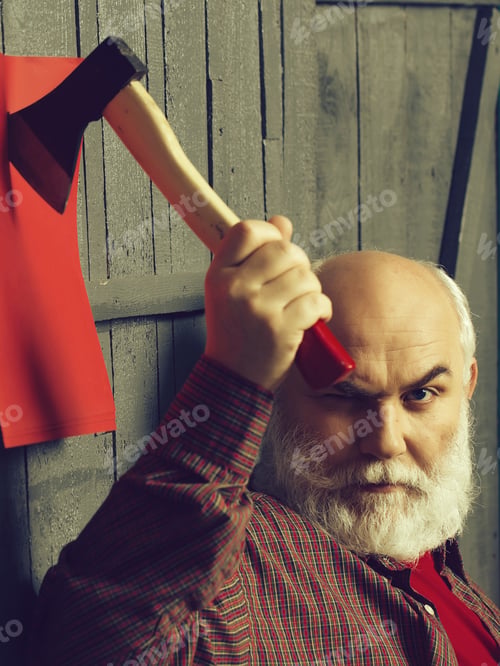 Preview: Senior Man. Old Man With White Beard Holding Axe On Red Paper In Wooden Wall
