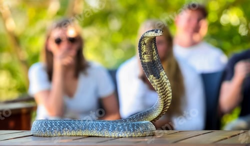 Preview: A Selective Focus Shot Of A Green Trained Snake On A Wooden Surface On The Blurred Background