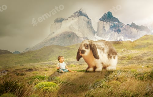 Preview: Gigantic Easter Bunny And A Little Child In A Fantasy World