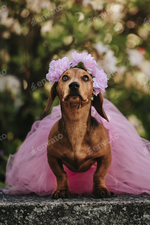 Preview: A Vertical Shot Of A Cute Brown Dwarf Dachshund Wearing A Fancy Pink Dress And Floral Headband