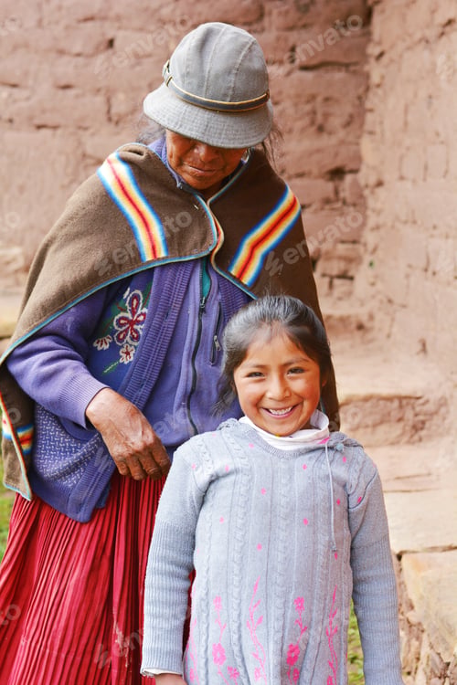 Preview: Happy Native American Old Age Woman And Little Girl In The Countryside.