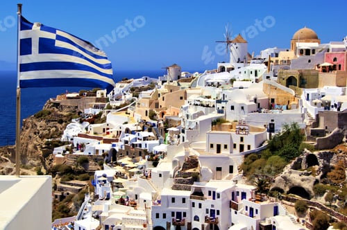 Preview: Beautiful View Of Santorini With Greek Flag