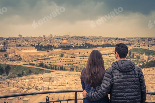Preview: Couple Watching The Panoramic View Of Jerusalem Old City And The Temple Mount, Dome Of The Rock And