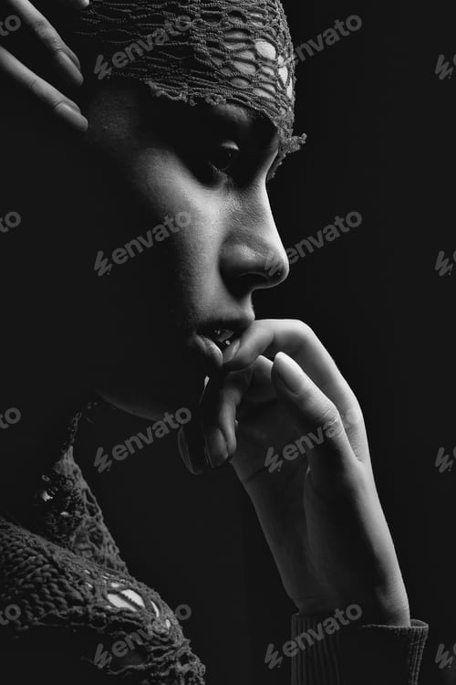 Preview: Sexy Young Woman Or Cute Girl With Tender Arm Touch Lips And Pretty Natural Face Profile Wrapped In
