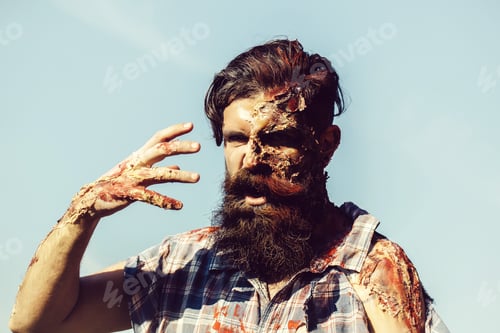 Preview: Bearded Zombie Man With Beard Halloween Vampire Or Bloody War Soldier With Wounds And Red Blood