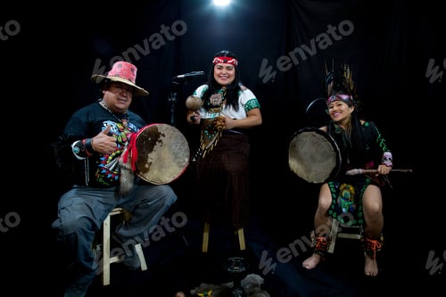 Preview: Group Of Shaman Teotihuacanos, Xicalanca - Toltec In Black Background, With Traditional Dress Dance