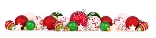 Preview: Christmas Border Of Red, Green And White Ornaments. Side View Isolated On A White Background.