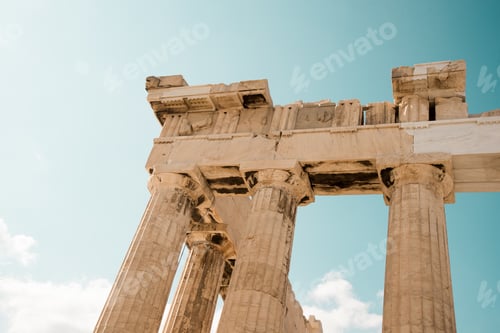 Preview: A Low Angle Shot Of The Columns Of The Acropolis Pantheon In Athens, Greece Under The Sky