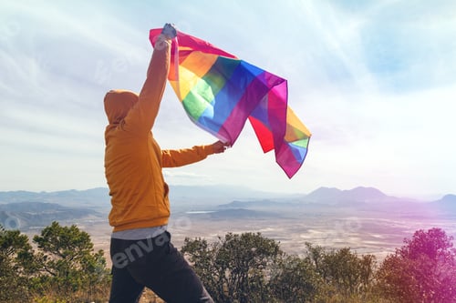 Vista previa: Man Standing On Top Of The Hill And Holding The Lgbt Pride Flag