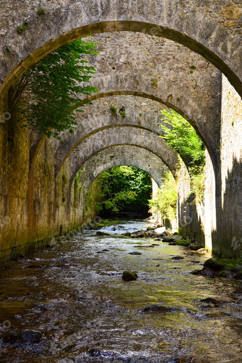 Preview: A Vertical Shot Of Old Brick Arches Leaning Over A River Stream In A Forest