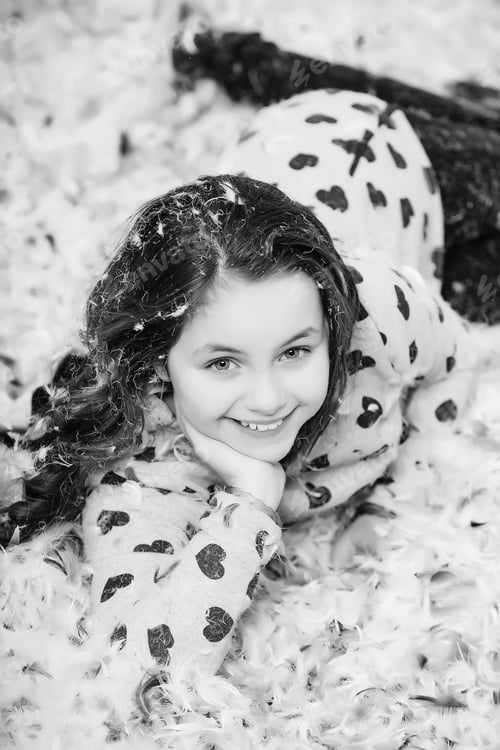 Preview: Pajama Party. Childhood And Happiness. Cute Happy Little Girl In Pajama Lying On Floor Covered With