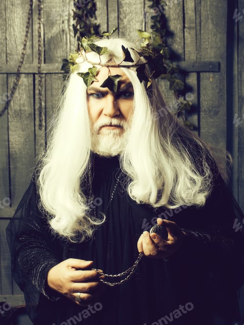 Preview: Bearded Senior Strange Mysterious Man Wizard In Long White Wig Vine Crown As Zeus God With