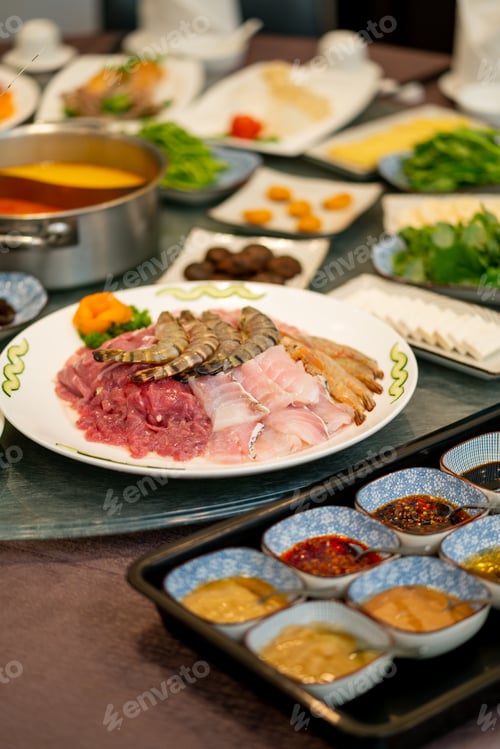 Preview: A Vertical Shot Of Raw Meat Near Trey Of Spices With Blurred Side Dishes In The Background