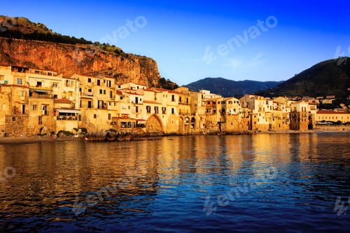 Preview: Golden Hues Of Cefalu Harbor At Sunset Along The Mediterranean Sea, Sicily, Italy