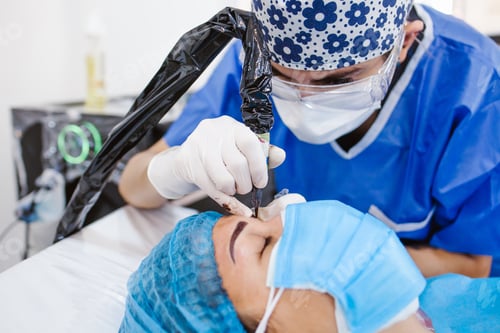Preview: Latin Woman Beautician Doing Eyebrow Tattooing For Female, Facepermanent, Makeup For Eyebrows