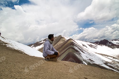 Preview: Man With Panoramic View. Hiking Scene In Vinicunca, Cusco Region, Peru. Montana Of Seven Colors
